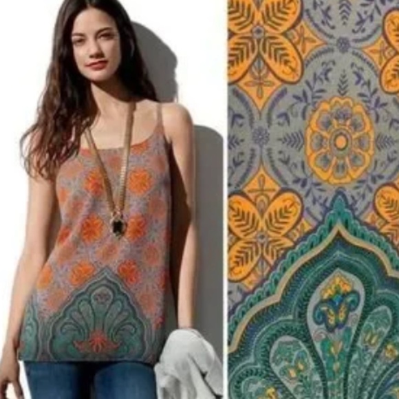 CAbi #3082 Arabesque Cami Tank Top Size Small Taupe Orange Blue Green Lined - Picture 1 of 1